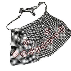 Handmade black and white checkered apron red embroidery detail vintage style